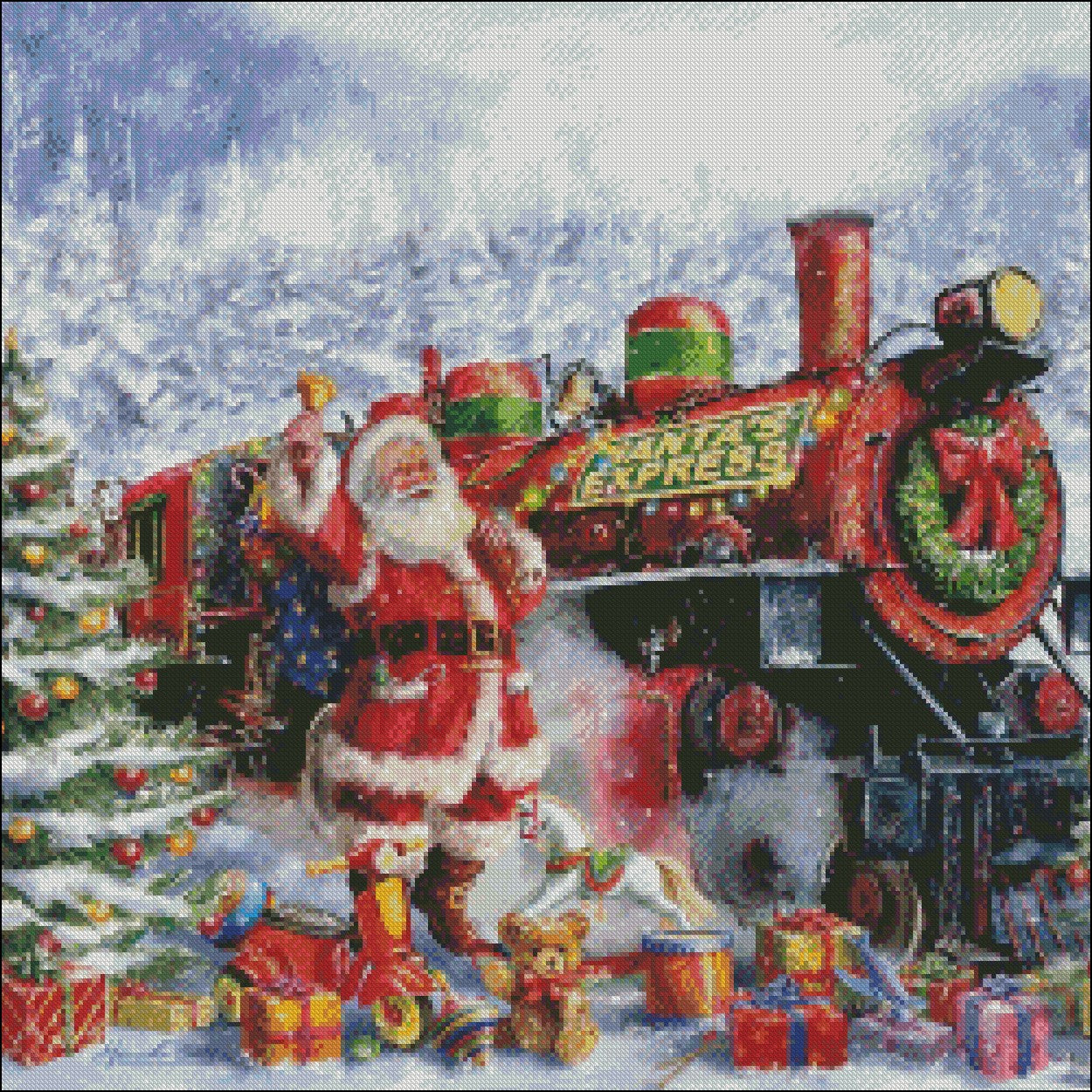 Santa and Red Train - Counted Cross Stitch Patterns Embroidery Crafts Needlework DIY Chart DMC Color