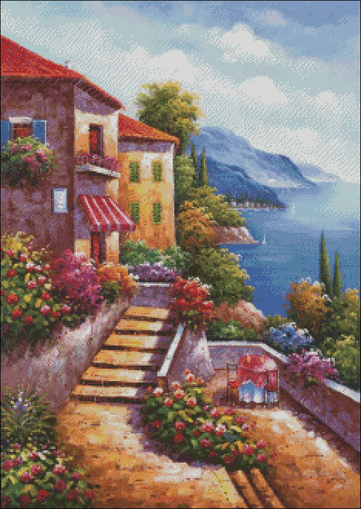 Stairs to Home - Counted Cross Stitch Patterns Embroidery Crafts Needlework DIY Chart DMC Color