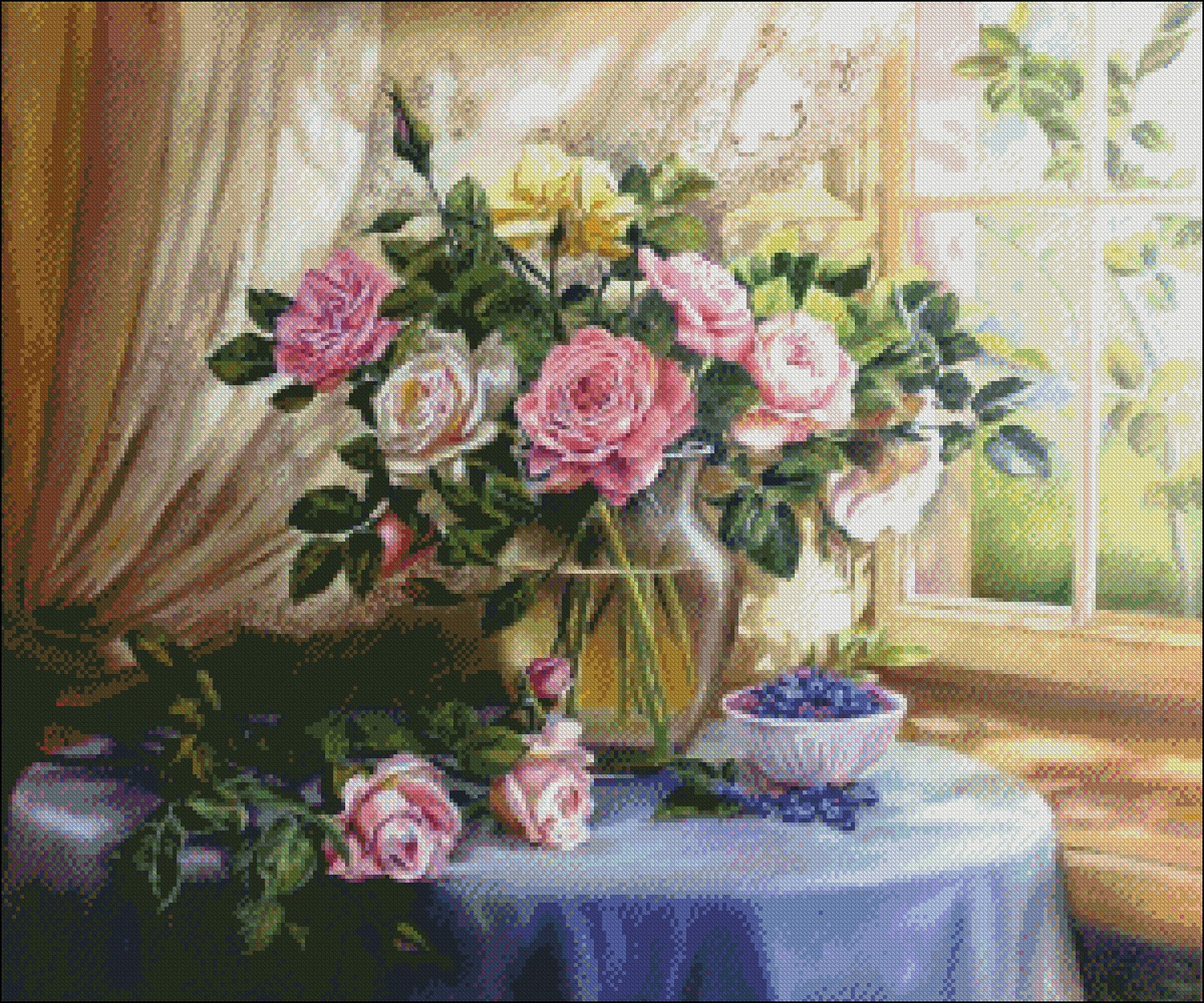 Still life with Roses III - Counted Cross Stitch Patterns Embroidery Crafts Needlework DIY Chart DMC Color