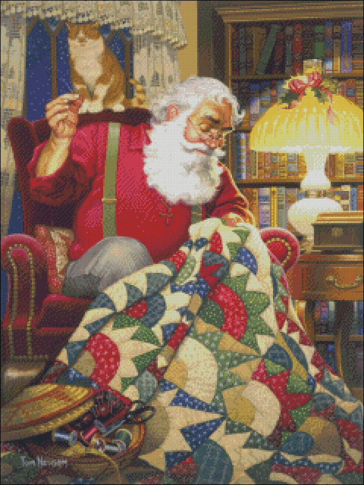 Quilting Santa - Counted Cross Stitch Patterns Embroidery Crafts Needlework DIY Chart DMC Color
