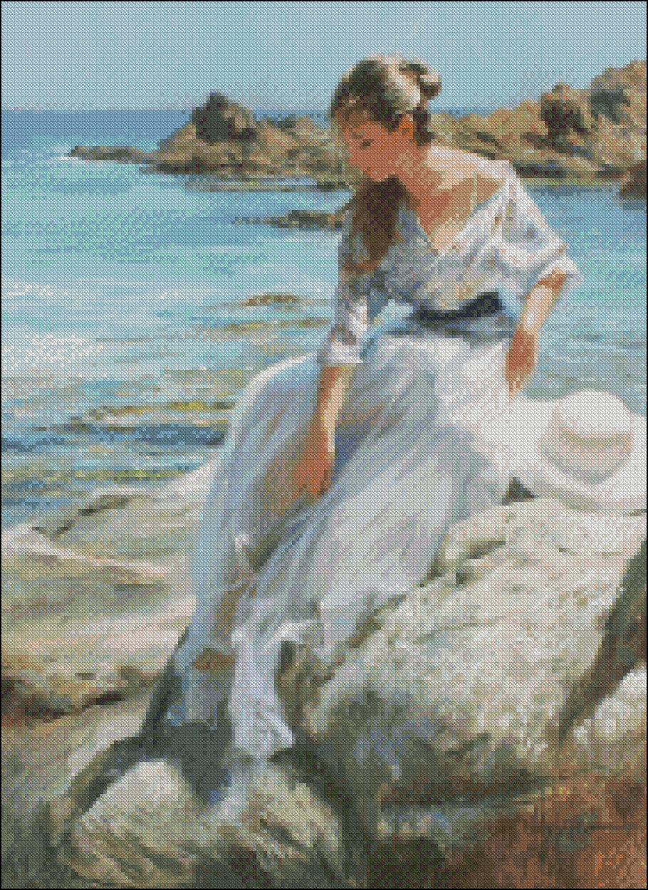 Lady Sitting on the Rock - Counted Cross Stitch Patterns Embroidery Crafts Needlework DIY Chart DMC Color