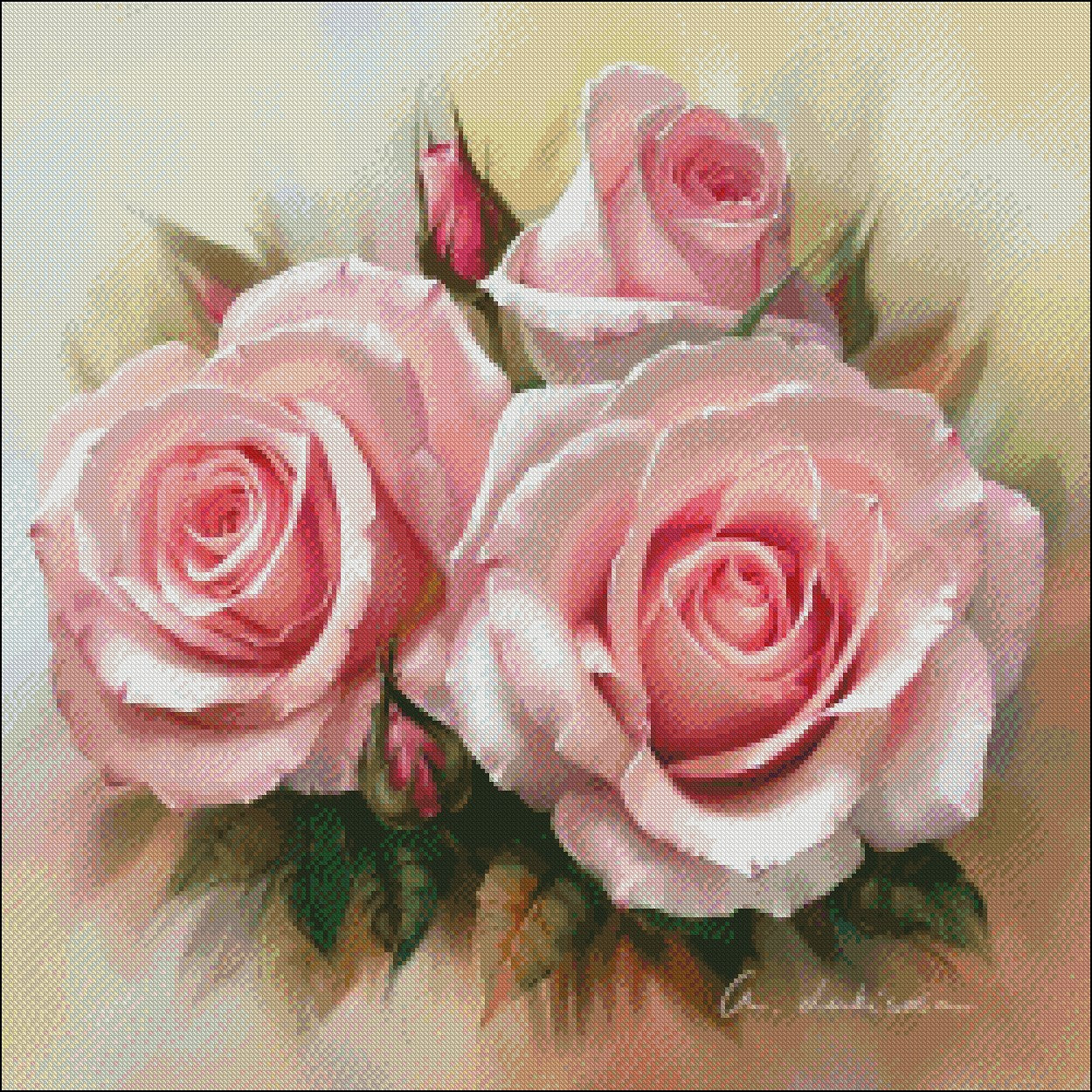 Pink Roses 5 - Counted Cross Stitch Patterns Embroidery Crafts Needlework DIY Chart DMC Color