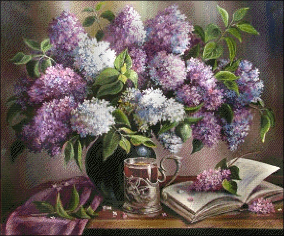 Tea with Lilacs - Counted Cross Stitch Patterns Embroidery Crafts Needlework DIY Chart DMC Color