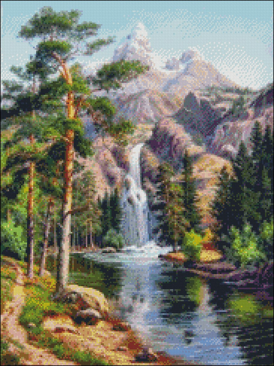 Waterfall in the Mountains - Counted Cross Stitch Patterns Embroidery Crafts Needlework DIY Chart DMC Color
