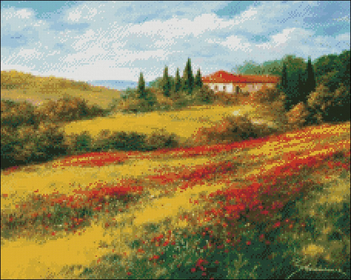 Landscape with Poppies I - Counted Cross Stitch Patterns Embroidery Crafts Needlework DIY Chart DMC Color