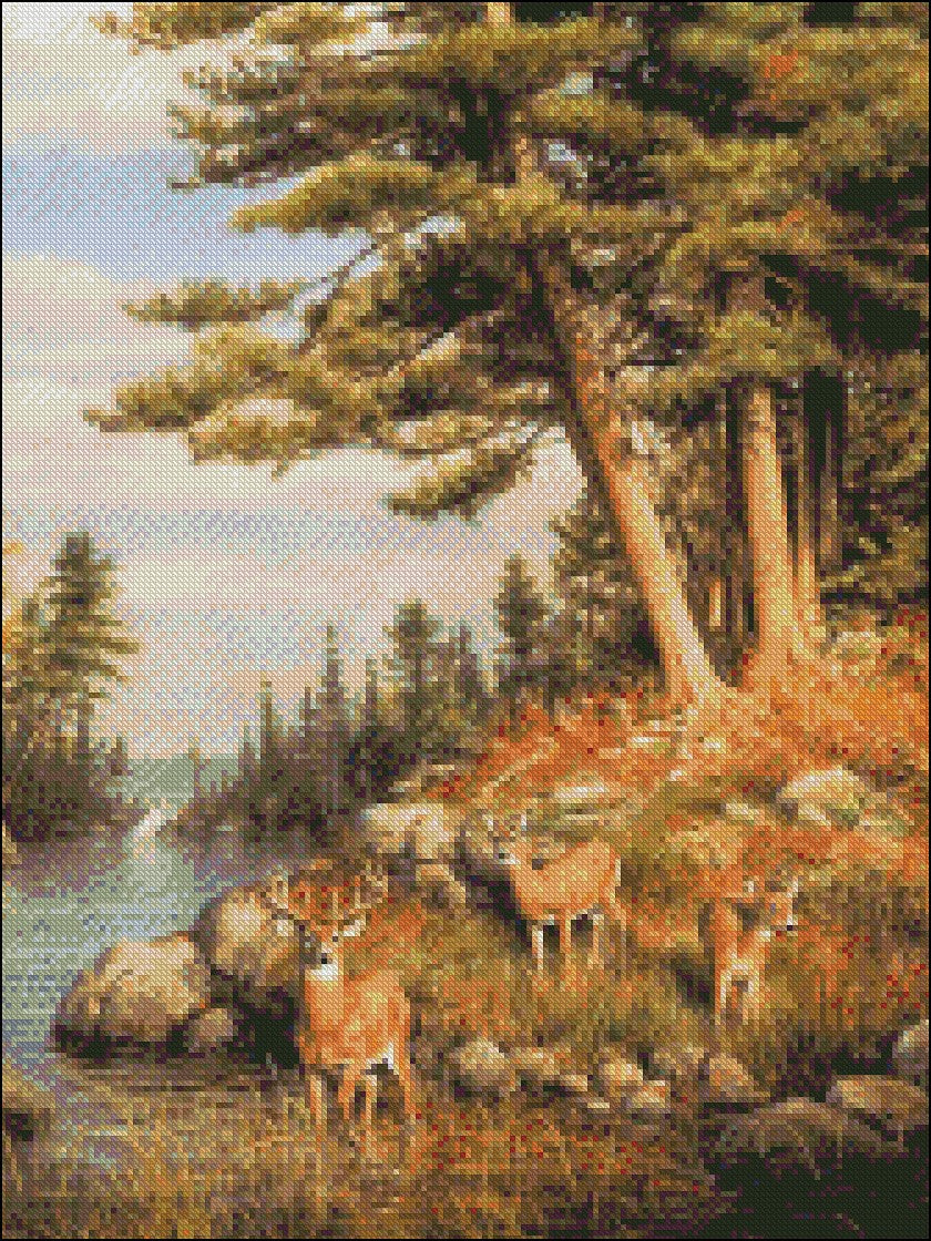 Deer and Pines - Counted Cross Stitch Patterns Embroidery Crafts Needlework DIY Chart DMC Color