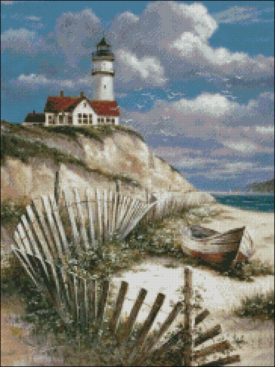 Lighthouse with Deserted Canoe - Counted Cross Stitch Patterns Embroidery Crafts Needlework DIY Chart DMC Color