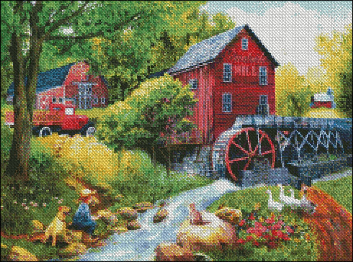 Playing Hookey at the Mill - Counted Cross Stitch Patterns Embroidery Crafts Needlework DIY Chart DMC Color