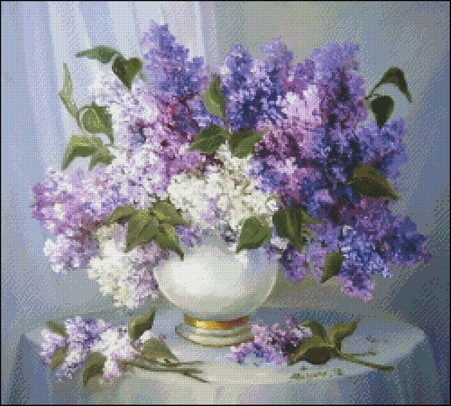 Lilacs in a Vase I - Counted Cross Stitch Patterns Embroidery Crafts Needlework DIY Chart DMC Color