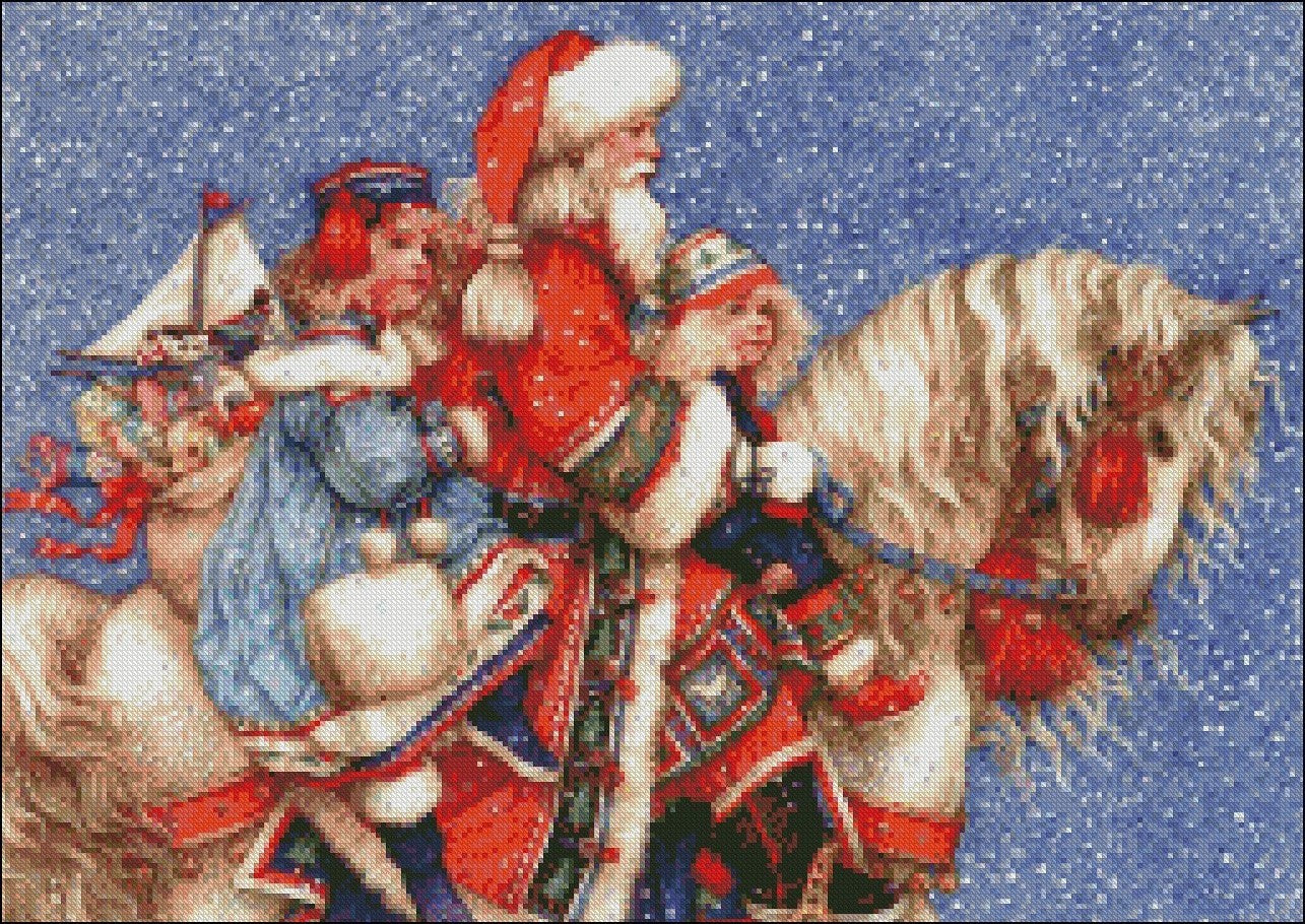 Santa on Horse - Counted Cross Stitch Patterns Embroidery Crafts Needlework DIY Chart DMC Color