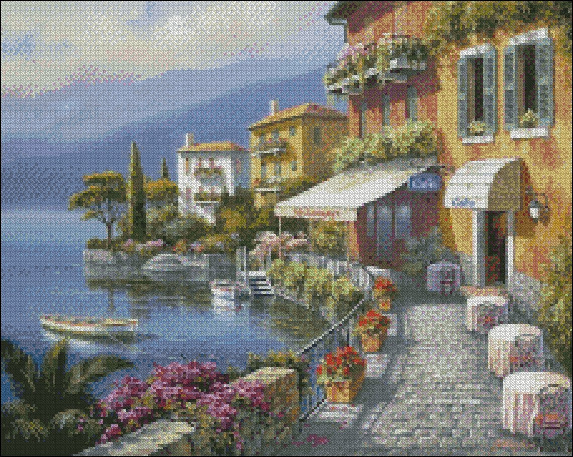 Seaside Bistro Cafe - Counted Cross Stitch Patterns Embroidery Crafts Needlework DIY Chart DMC Color