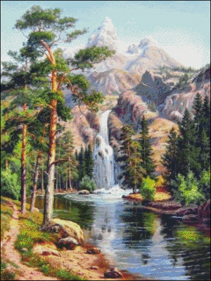 Waterfall mountains - Counted Cross Stitch Patterns Embroidery Crafts Needlework DIY Chart DMC Color