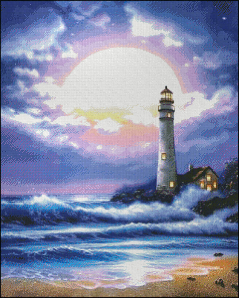 Lighthouse and Large Moon - Counted Cross Stitch Patterns Embroidery Crafts Needlework DIY Chart DMC Color