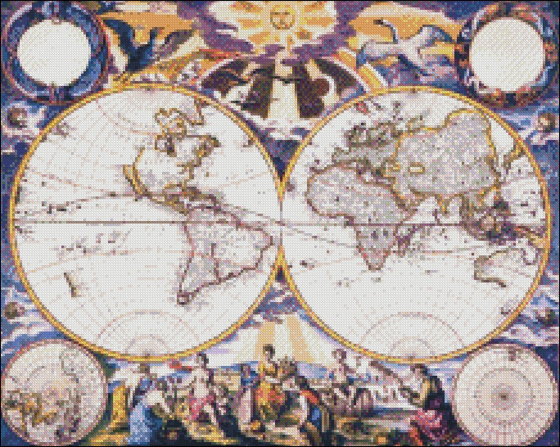 Double Hemisphere World Map - Counted Cross Stitch Patterns Embroidery Crafts Needlework DIY Chart DMC Color
