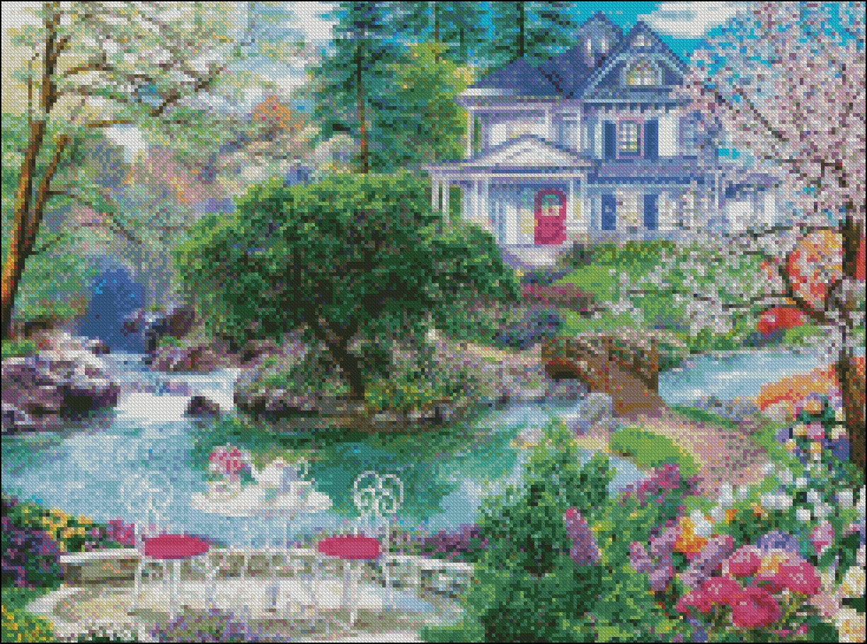 Waterside Tea - Counted Cross Stitch Patterns Embroidery Crafts Needlework DIY Chart DMC Color