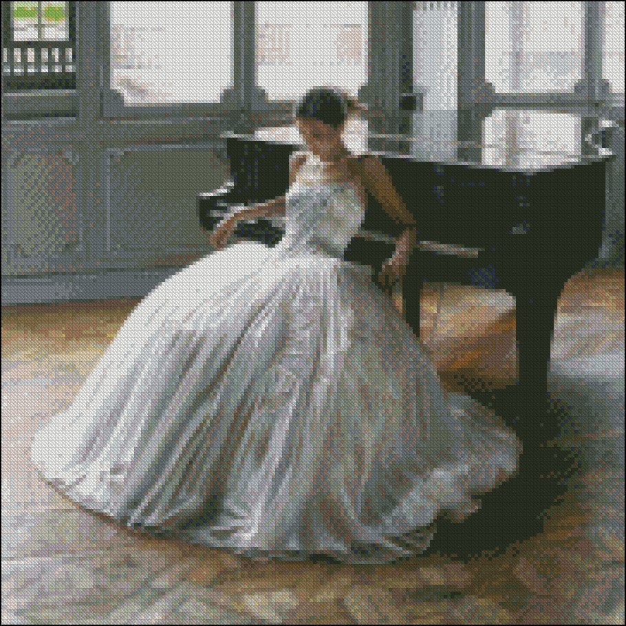 Piano and Gorgeous Dress 15 - Counted Cross Stitch Patterns Embroidery Crafts Needlework DIY Chart DMC Color