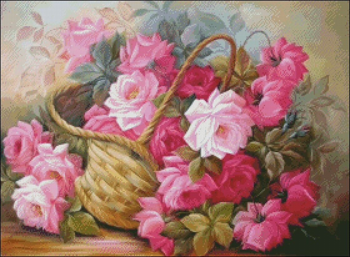 Basket of Pink Roses - Counted Cross Stitch Patterns Embroidery Crafts Needlework DIY Chart DMC Color