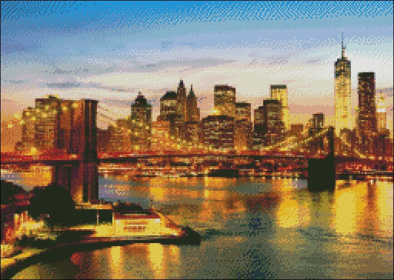 New York at Night - Counted Cross Stitch Patterns Embroidery Crafts Needlework DIY Chart DMC Color