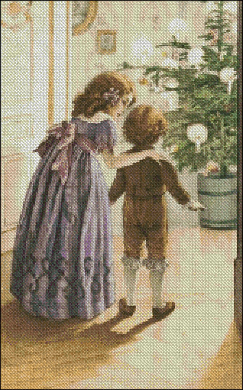 Victorian Christmas Girls 5 - Counted Cross Stitch Patterns Embroidery Crafts Needlework DIY Chart DMC Color