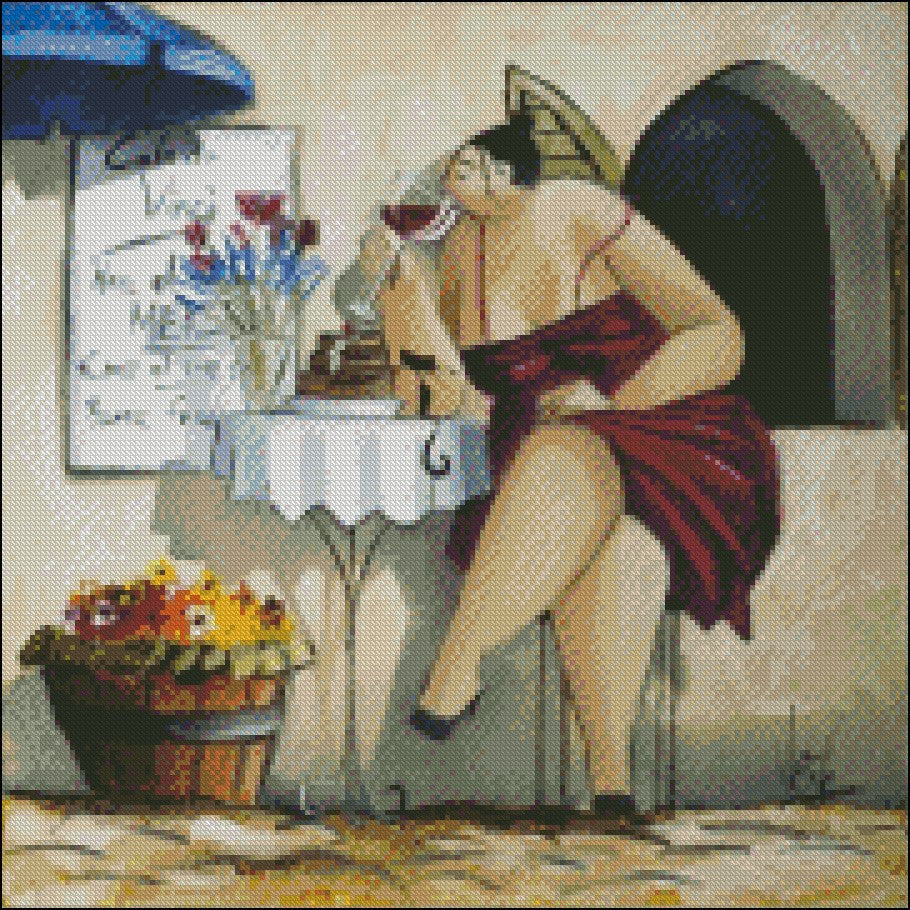 Wine Tasting at Cafe - Counted Cross Stitch Patterns Embroidery Crafts Needlework DIY Chart DMC Color