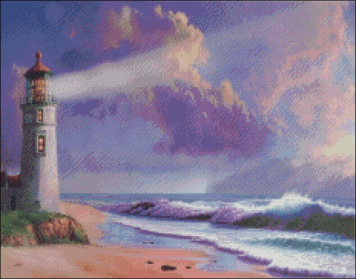 Twilight Lighthouse - Counted Cross Stitch Patterns Embroidery Crafts Needlework DIY Chart DMC Color