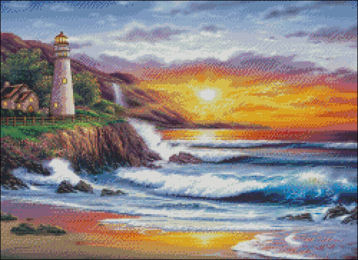 Lighthouse at Sunset 2 - Counted Cross Stitch Patterns Embroidery Crafts Needlework DIY Chart DMC Color