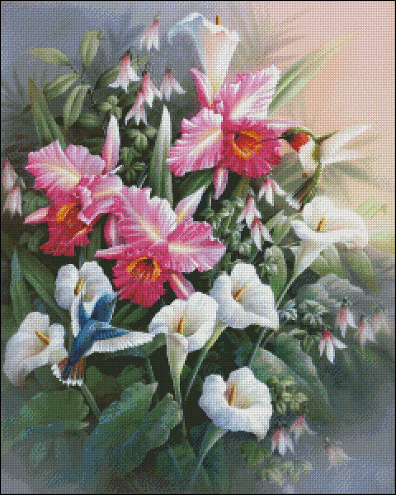 Hummingbirds with Lilies - Counted Cross Stitch Patterns Embroidery Crafts Needlework DIY Chart DMC Color