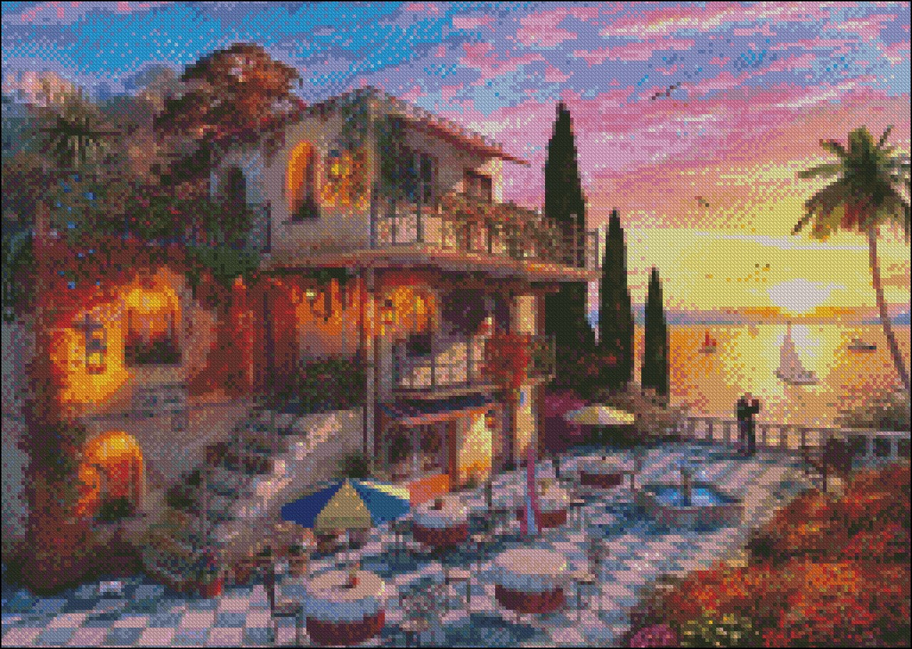 Mediternnean Villa - Counted Cross Stitch Patterns Embroidery Crafts Needlework DIY Chart DMC Color