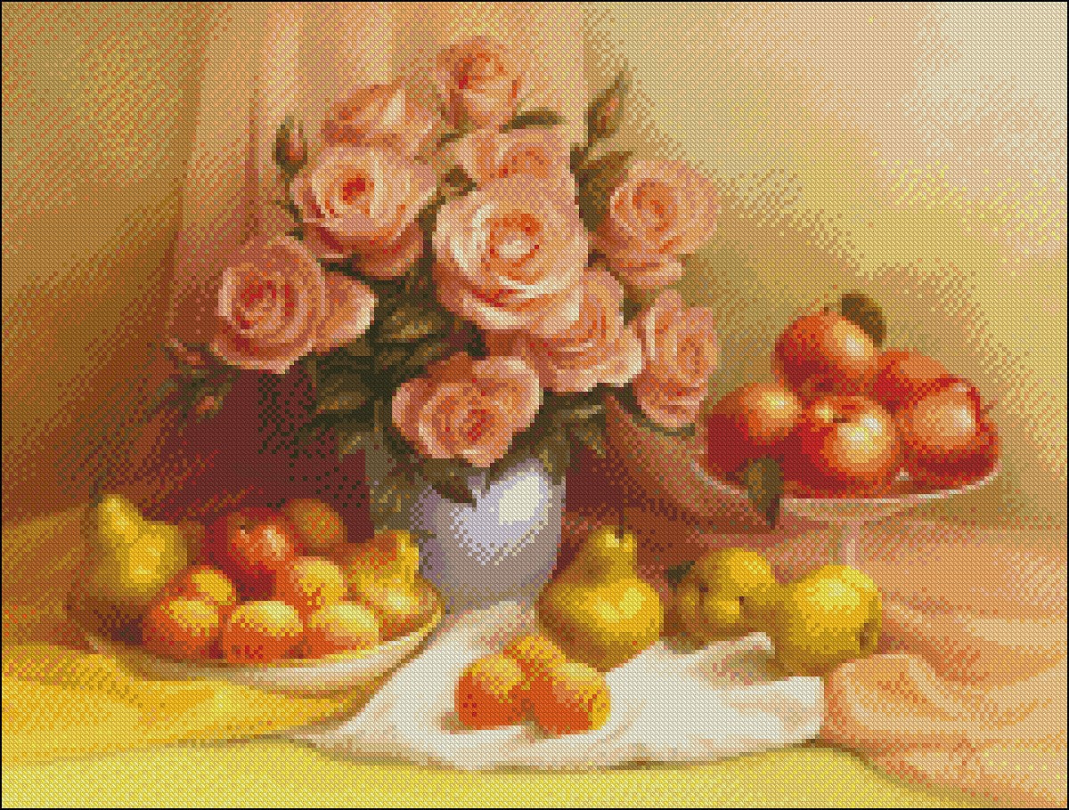 Pink Roses and Fruits - Counted Cross Stitch Patterns Embroidery Crafts Needlework DIY Chart DMC Color