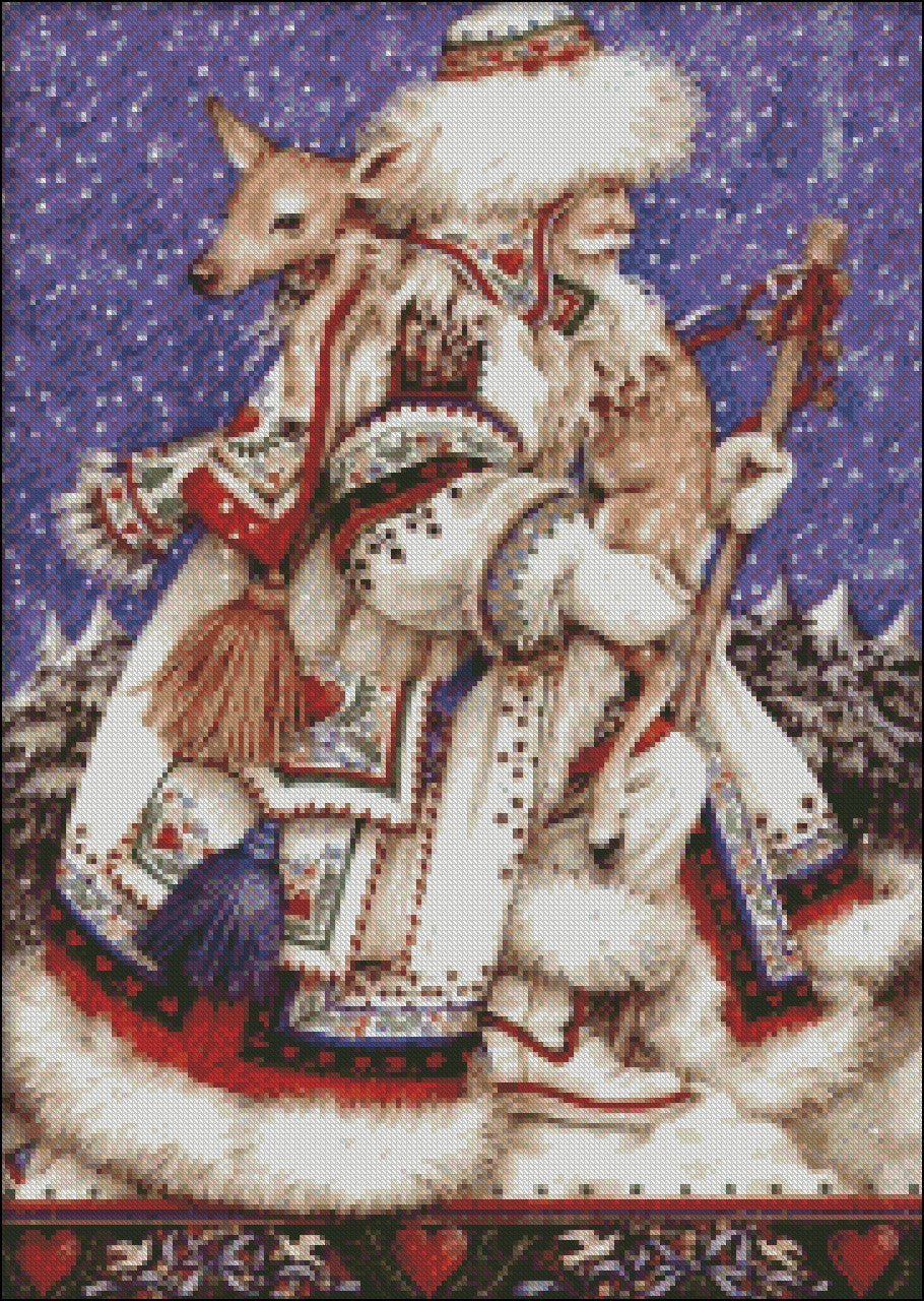 Father Christmas with Deer - Counted Cross Stitch Patterns Embroidery Crafts Needlework DIY Chart DMC Color