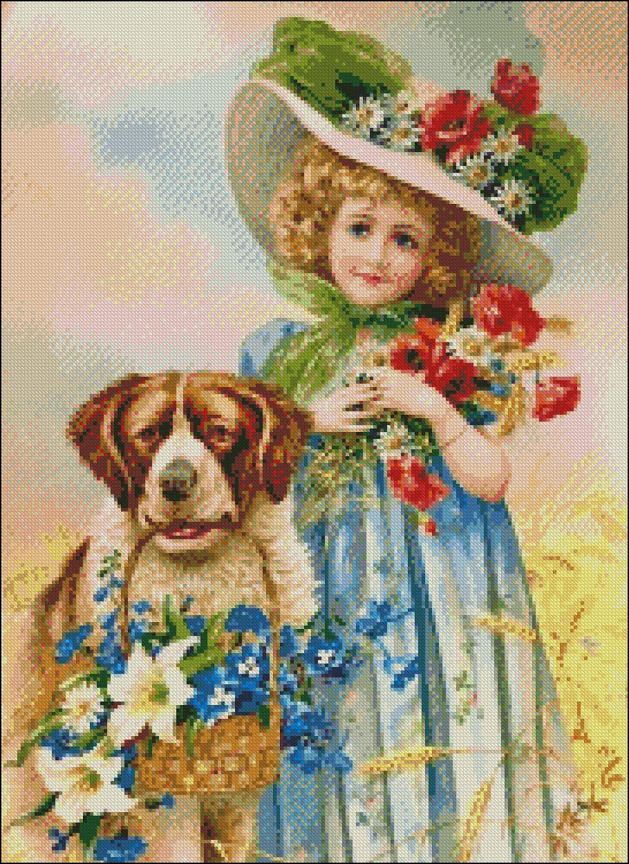 Girl with her Saint Bernard Dog and Flowers - Counted Cross Stitch Patterns Embroidery Crafts Needlework DIY Chart DMC Color