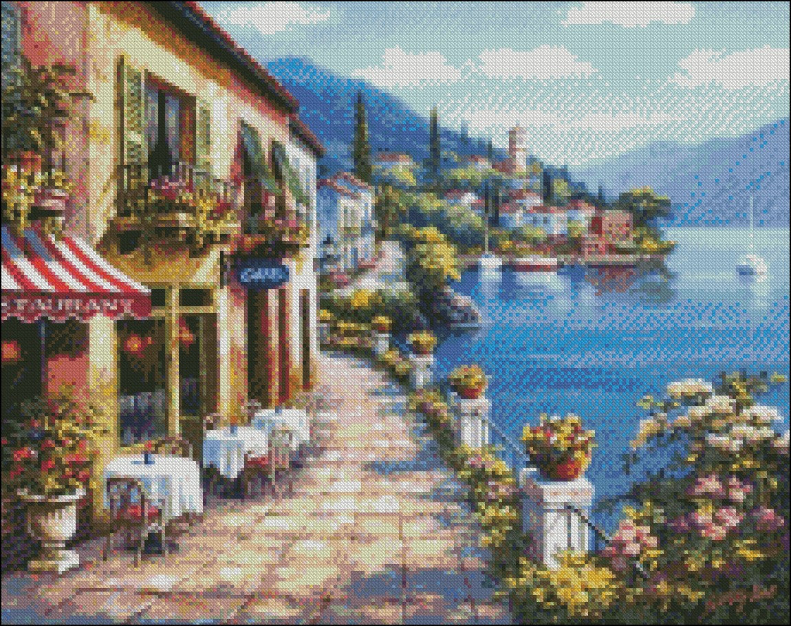 Overlook Cafe I - Counted Cross Stitch Patterns Embroidery Crafts Needlework DIY Chart DMC Color