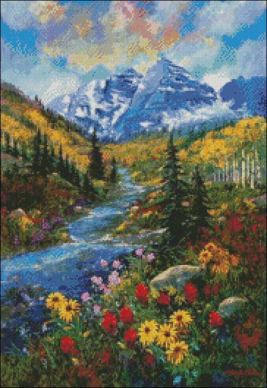 Wildflowers at Mountain - Counted Cross Stitch Patterns Embroidery Crafts Needlework DIY Chart DMC Color
