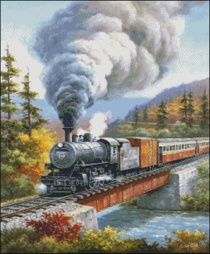 Train Crossing - Counted Cross Stitch Patterns Embroidery Crafts Needlework DIY Chart DMC Color