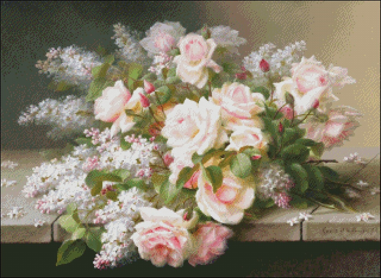 Lilacs and Roses II - Counted Cross Stitch Patterns Embroidery Crafts Needlework DIY Chart DMC Color