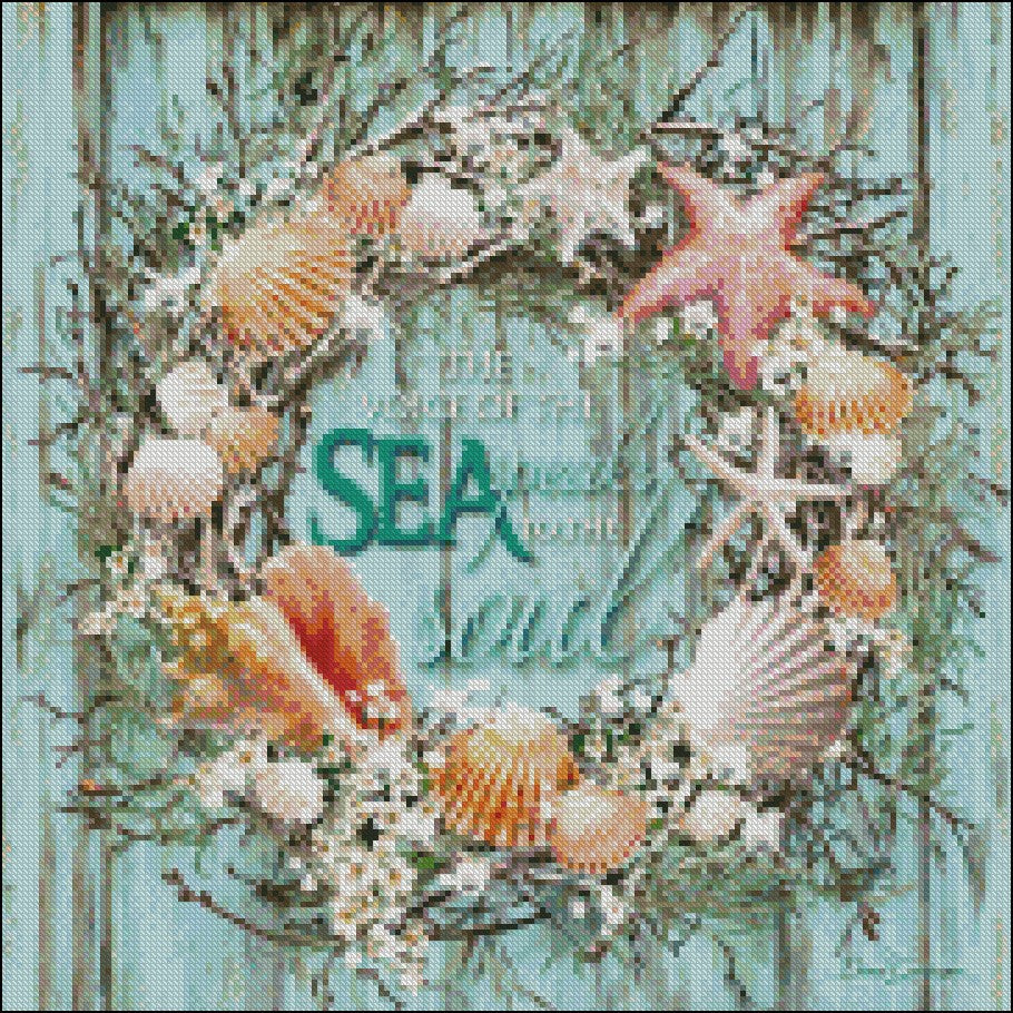 Coastal Wreath - Counted Cross Stitch Patterns Embroidery Crafts Needlework DIY Chart DMC Color