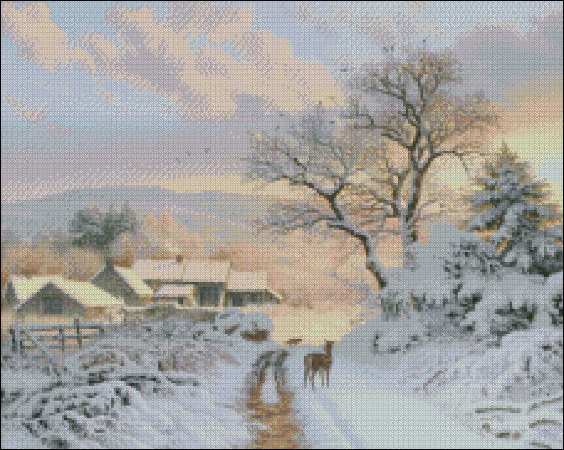 Village Snow 25 - Counted Cross Stitch Patterns Embroidery Crafts Needlework DIY Chart DMC Color