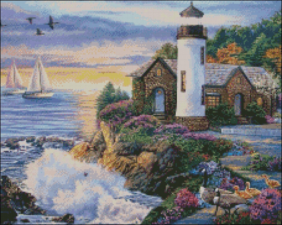 Sunrise by the Ocean - Counted Cross Stitch Patterns Embroidery Crafts Needlework DIY Chart DMC Color