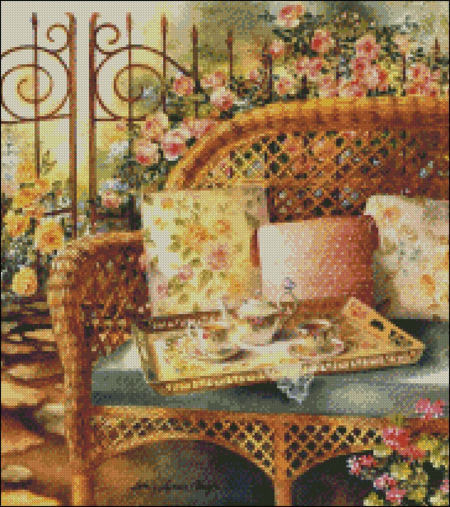 Wicker Bench Tea - Counted Cross Stitch Patterns Embroidery Crafts Needlework DIY Chart DMC Color