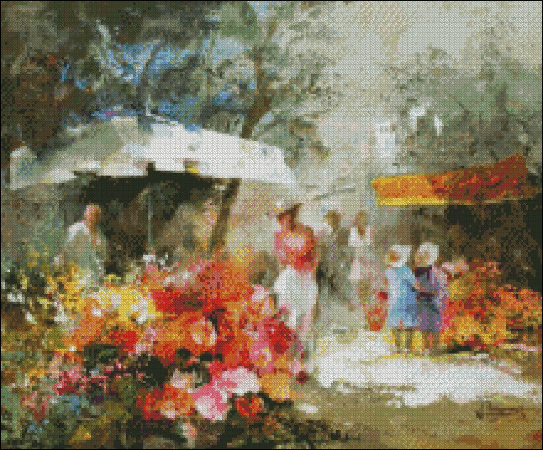 Market with Flowers - Counted Cross Stitch Patterns Embroidery Crafts Needlework DIY Chart DMC Color