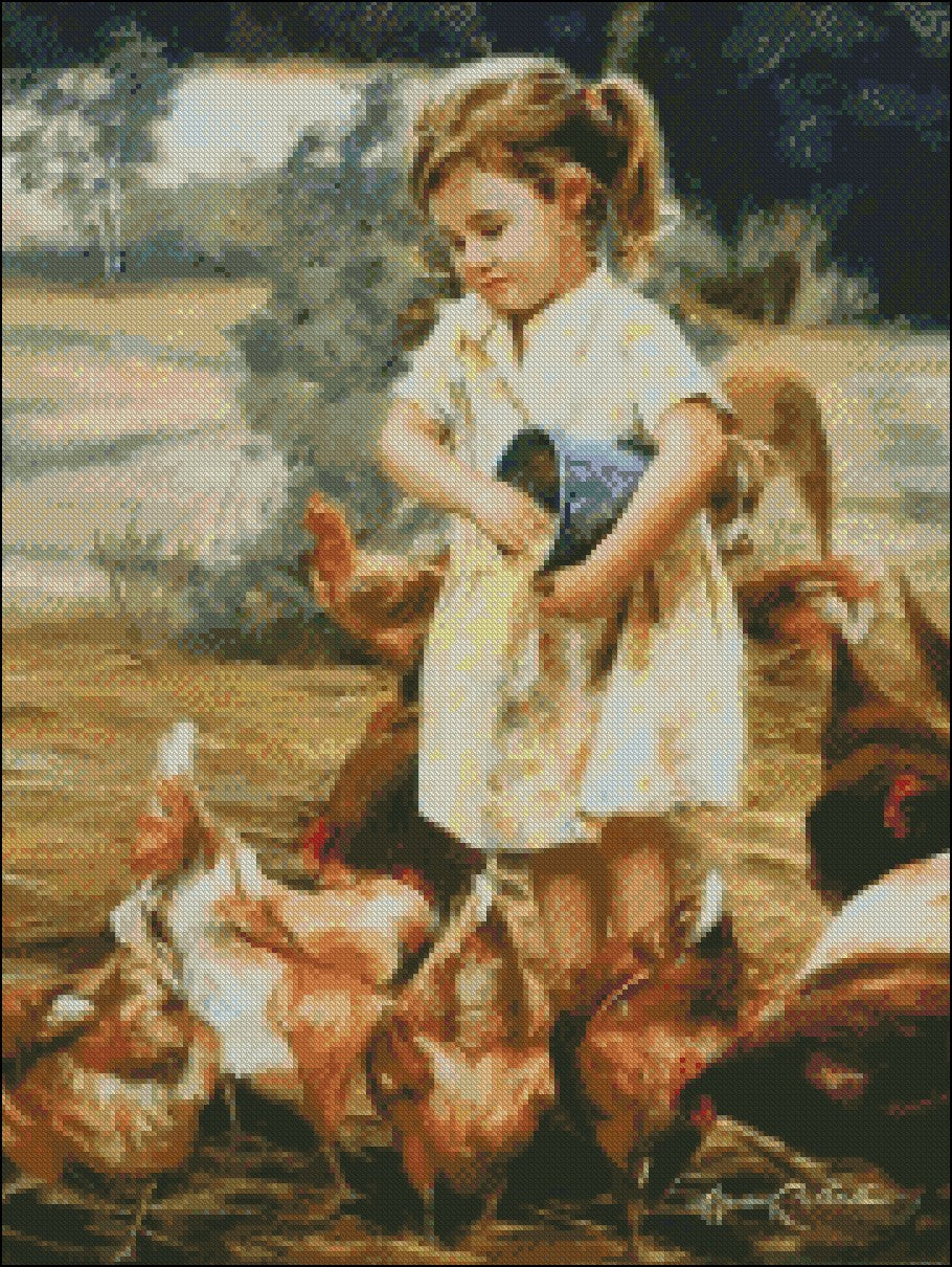 Little Girl Feeding Chickens - Counted Cross Stitch Patterns Embroidery Crafts Needlework DIY Chart DMC Color