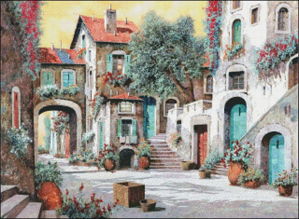 The Stairs between the Houses - Counted Cross Stitch Patterns Embroidery Crafts Needlework DIY Chart DMC Color