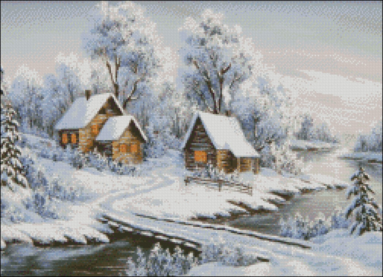 Village Snow 10 - Counted Cross Stitch Patterns Embroidery Crafts Needlework DIY Chart DMC Color