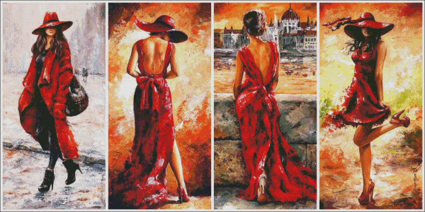 Lady in Red - Counted Cross Stitch Patterns Embroidery Crafts Needlework DIY Chart DMC Color