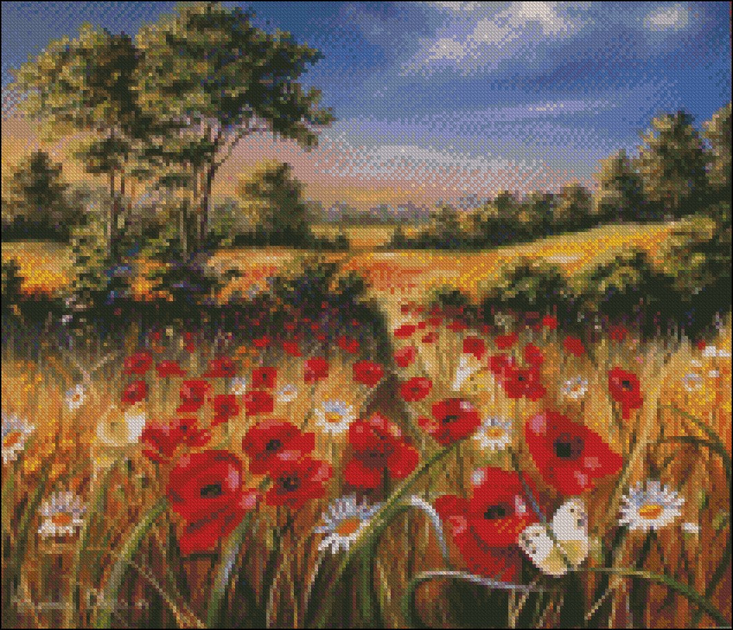 Poppies Field 2 - Counted Cross Stitch Patterns Embroidery Crafts Needlework DIY Chart DMC Color