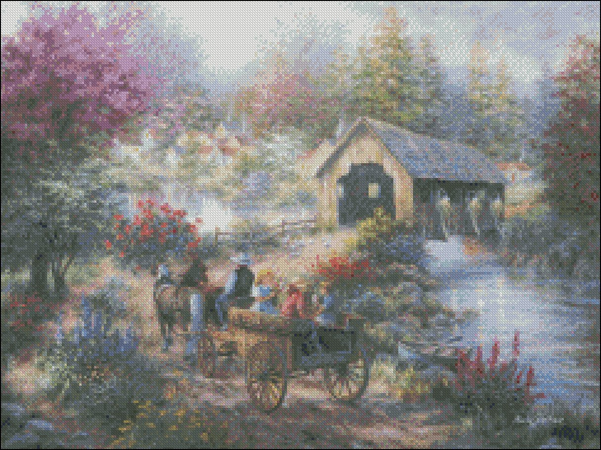 Merriment at Covered Bridge - Counted Cross Stitch Patterns Embroidery Crafts Needlework DIY Chart DMC Color