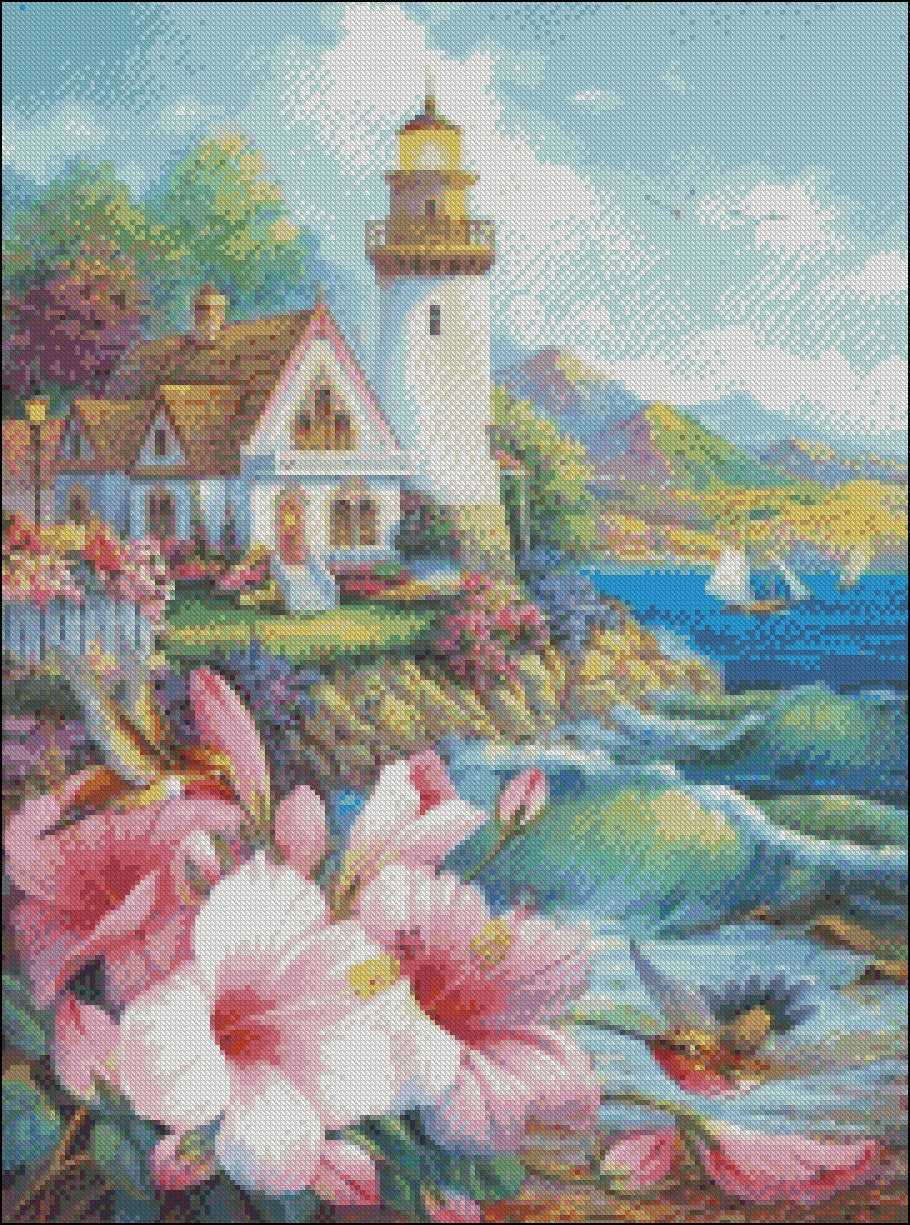 Lighthouse by the Sea - Counted Cross Stitch Patterns Embroidery Crafts Needlework DIY Chart DMC Color
