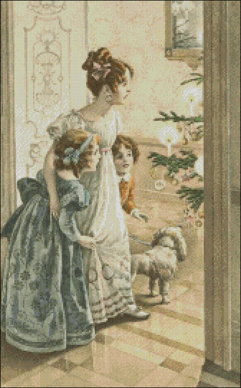 Victorian Christmas Girls 4 - Counted Cross Stitch Patterns Embroidery Crafts Needlework DIY Chart DMC Color