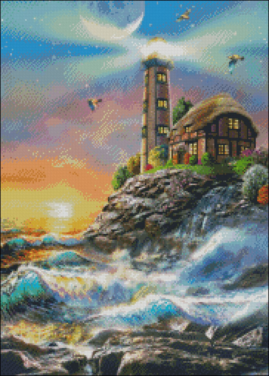 Lighthouse at Sunset - Counted Cross Stitch Patterns Embroidery Crafts Needlework DIY Chart DMC Color
