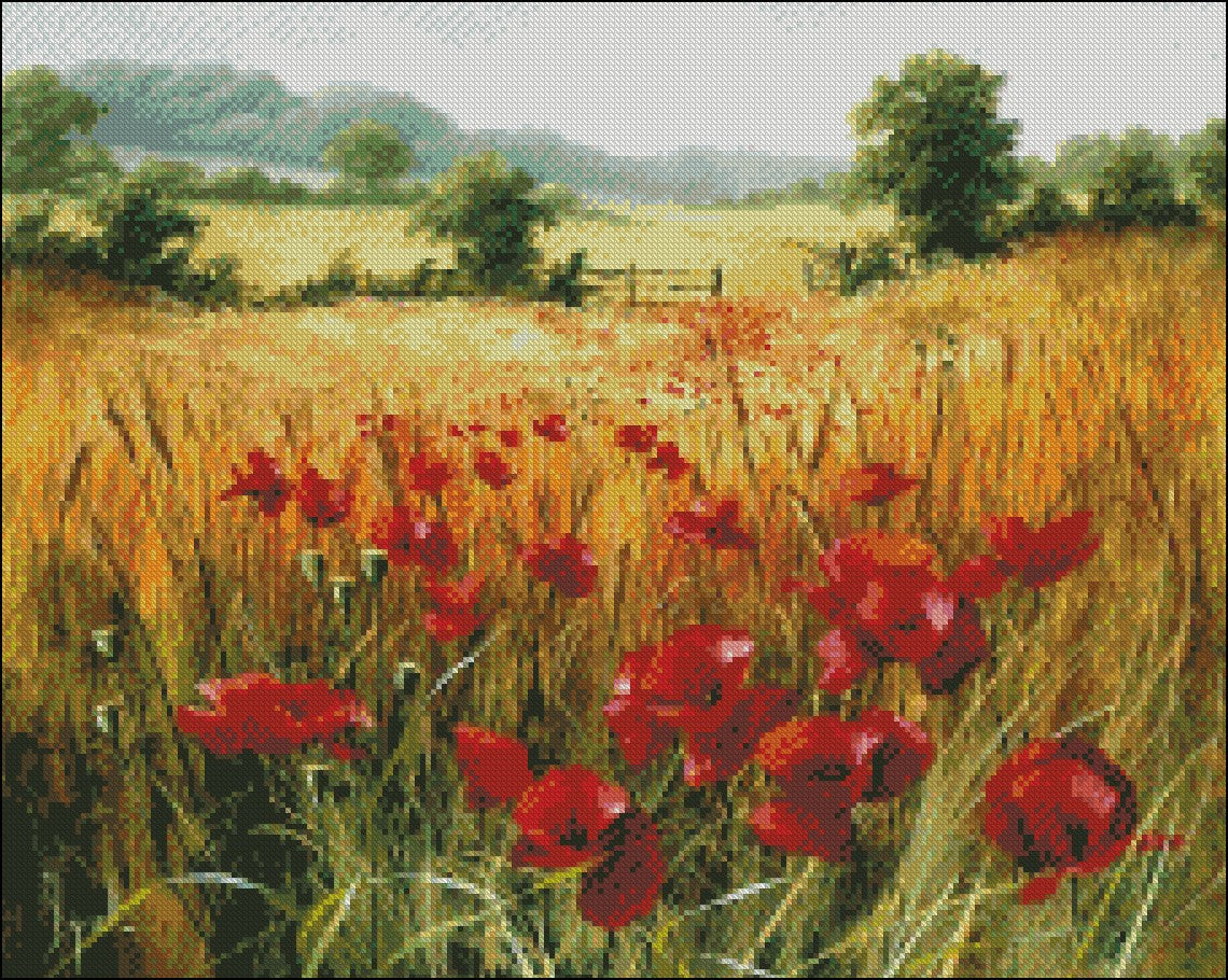Poppies in the Field - Counted Cross Stitch Patterns Embroidery Crafts Needlework DIY Chart DMC Color